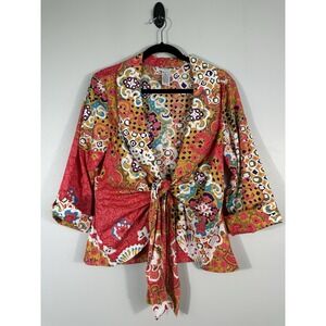 Vtg Mishca Top Womens Medium Pink Colorful Geometric Print Front Tie 3/4 Sleeve